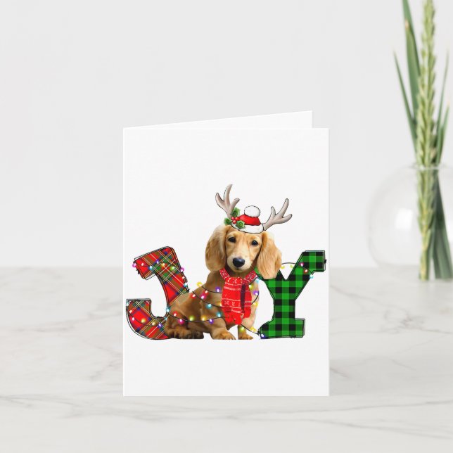Joy Christmas Lights Long Haired Dachshund Dog San Karte (Vorderseite)