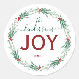 Joy Christmas Wreath Name Handwritten Script Runder Aufkleber