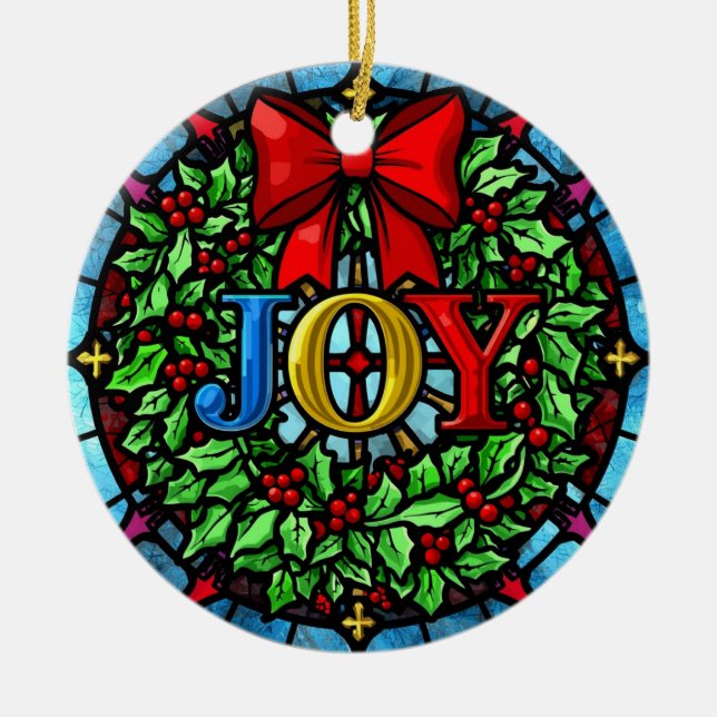 Joy Christmas Wreath Stained Glass Keramik Ornament (Vorne)