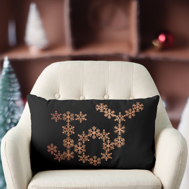 Joy Copper Snowflakes Black Festival Lumbar Pillow Lendenkissen (Festive snowflakes spell out the word Joy. It's double sided with snowflakes on the reverse)