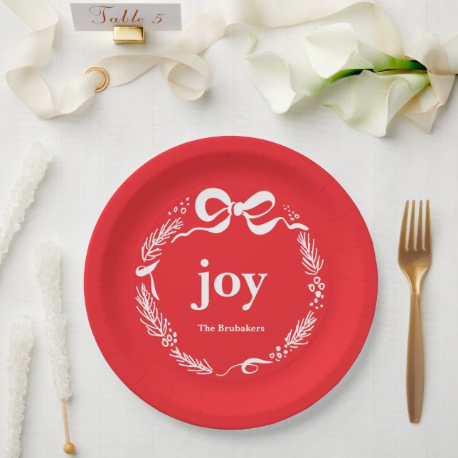 Joy Custom Red Modern Whimsical Bow Christmas Pappteller (Hochzeit)