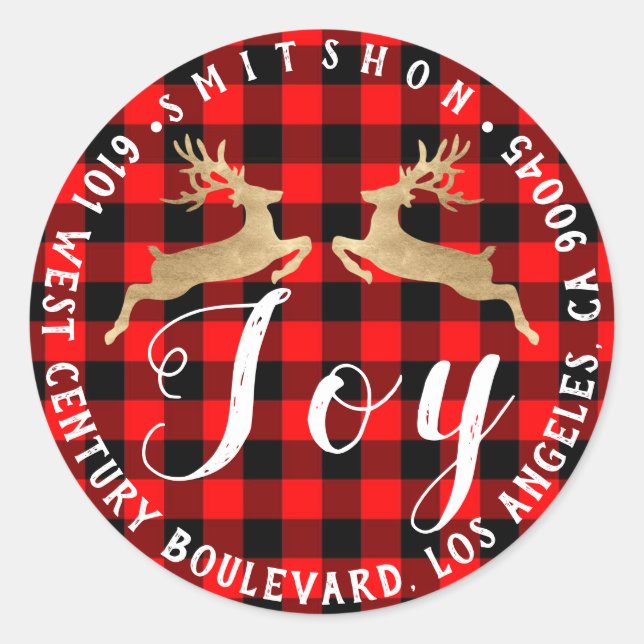 Joy Deer Holiday Rücksendeadresse Buffalo PlaidGol Runder Aufkleber (Vorderseite)