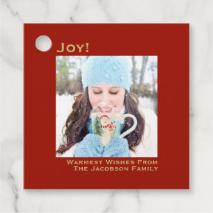 Joy! Einfache Red & Gold Minimalistische Foto Weih Geschenkanhänger