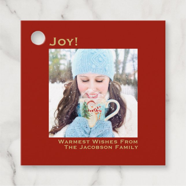 Joy! Einfache Red & Gold Minimalistische Foto Weih Geschenkanhänger (Vorderseite)