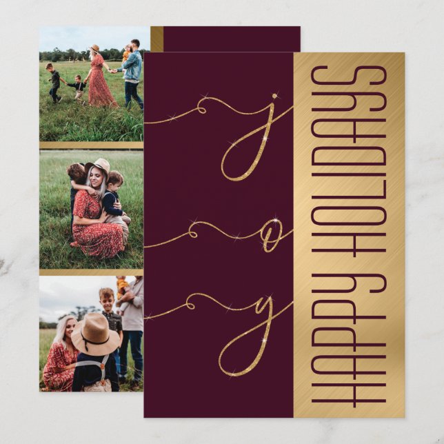 Joy Elegant Gold Burgundy Glitzer Foto Holiday Karte (Vorne/Hinten)