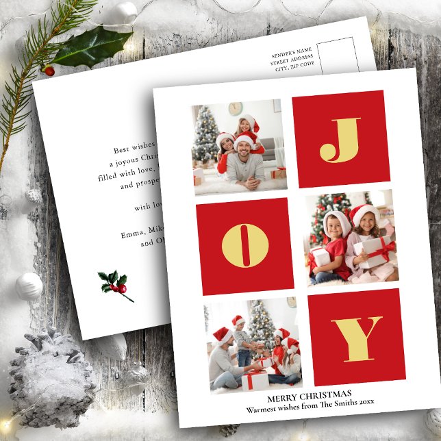 JOY Elegant Gold Snowflakes Modernes Script Foto Postkarte (Von Creator hochgeladen)