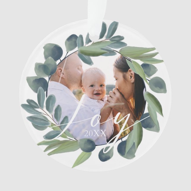 Joy Elegant Watercolor Winter Foliage Wreath Foto Ornament (Vorderseite)