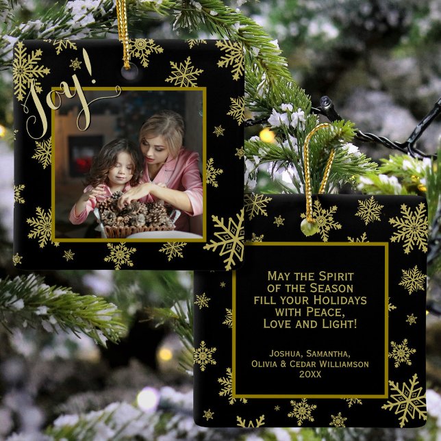 Joy! Elegantes Gold Snowflakes Schwarzes Foto Keramikornament (In Situ Front/Back)