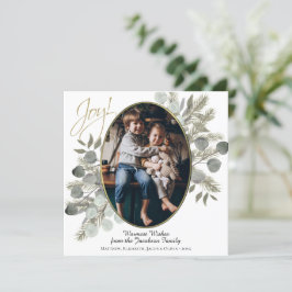 Joy! Eukalyptus-Blätter und Pine-Gold-Foto-Rahmen Feiertagskarte