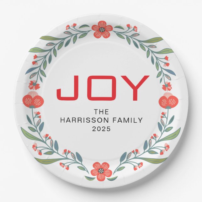 Joy Floral Christmas Wreath Family Custom Name Pappteller (Vorderseite)