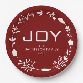 Joy Floral Christmas Wreath Family Custom Name Pappteller