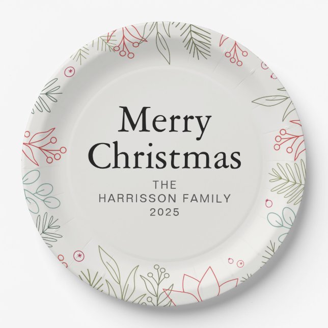 Joy Floral Christmas Wreath Family Custom Name Pappteller (Vorderseite)
