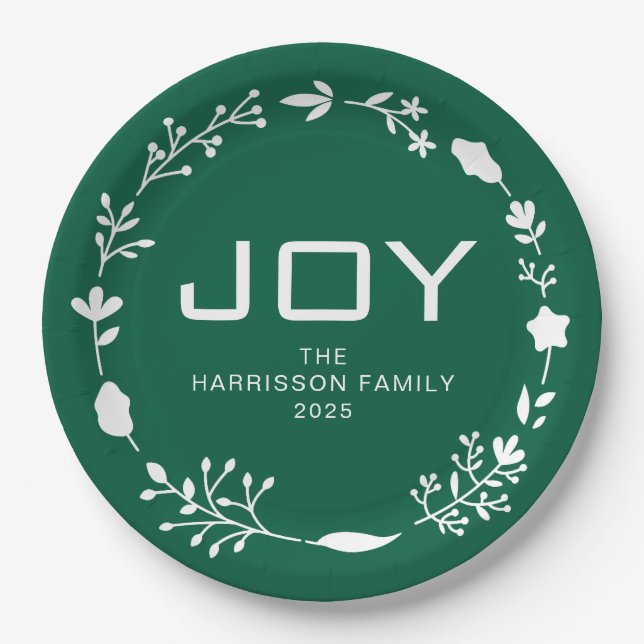 Joy Floral Christmas Wreath Family Custom Name Pappteller (Vorderseite)