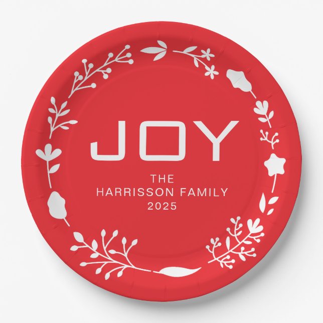 Joy Floral Christmas Wreath Family Custom Name Pappteller (Vorderseite)