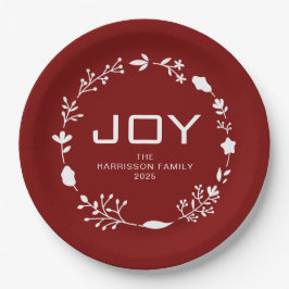 Joy Floral Christmas Wreath Family Custom Name Pappteller