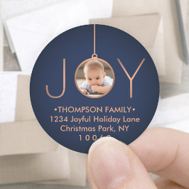 JOY Foto Navy Blue Christmas Return Address Label Runder Aufkleber
