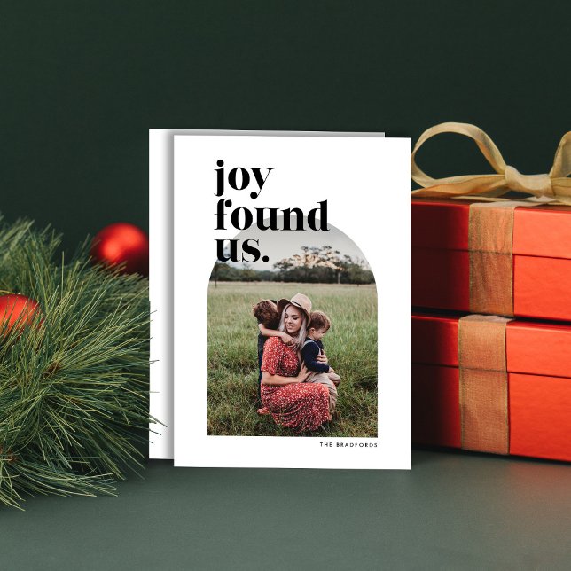 Joy Found US Arched Foto Holiday Card (simple modern black and white one photo Christmas or new year holiday card with arched photo)