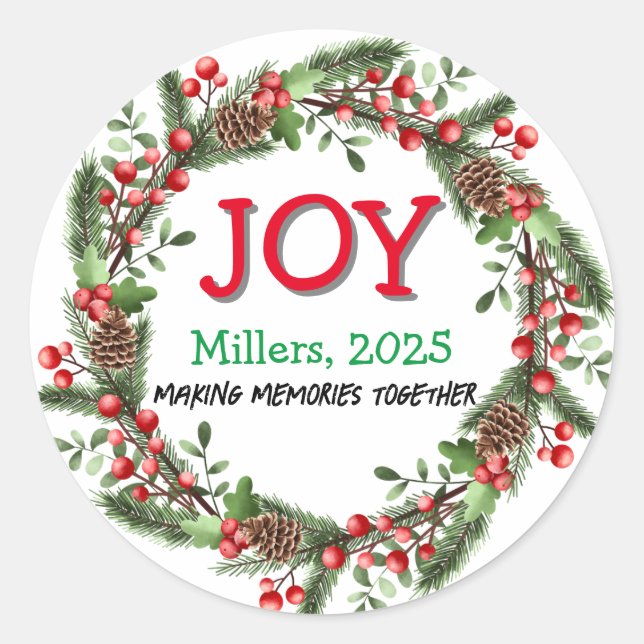 Joy Frohe Weihnachts-Wreath Familie Name Red Xmas Runder Aufkleber (Vorderseite)
