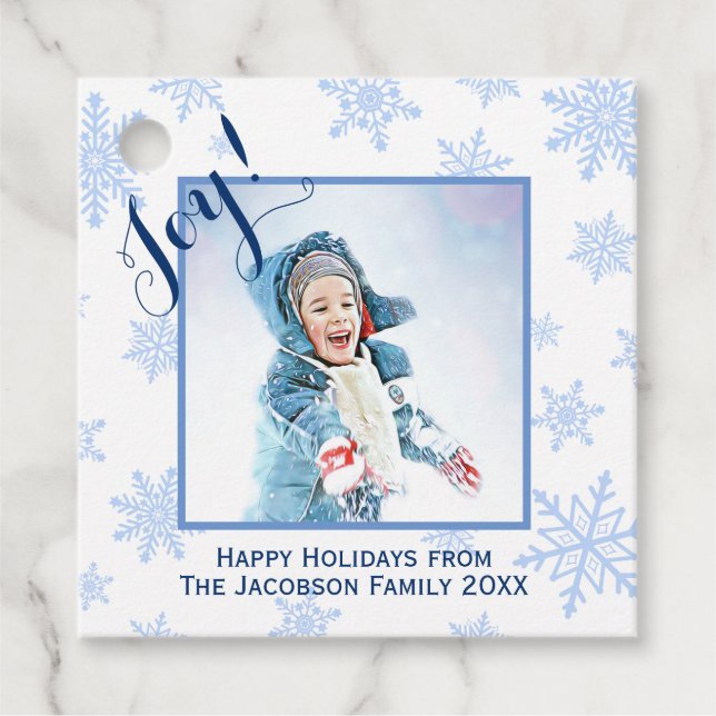 Joy! Fun Blue Snowflakes Weihnachtsrahmen Foto Geschenkanhänger (Vorderseite)