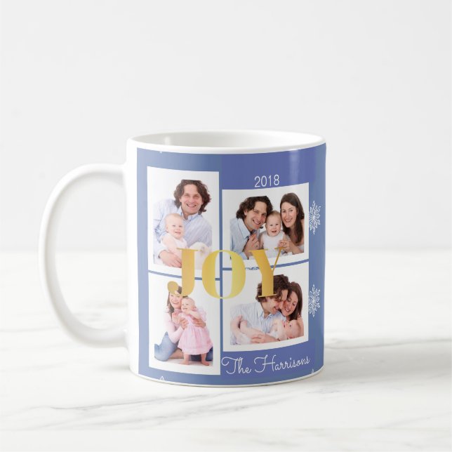 Joy Gold Blue Family Foto Collage Weihnachten Kaffeetasse (Links)