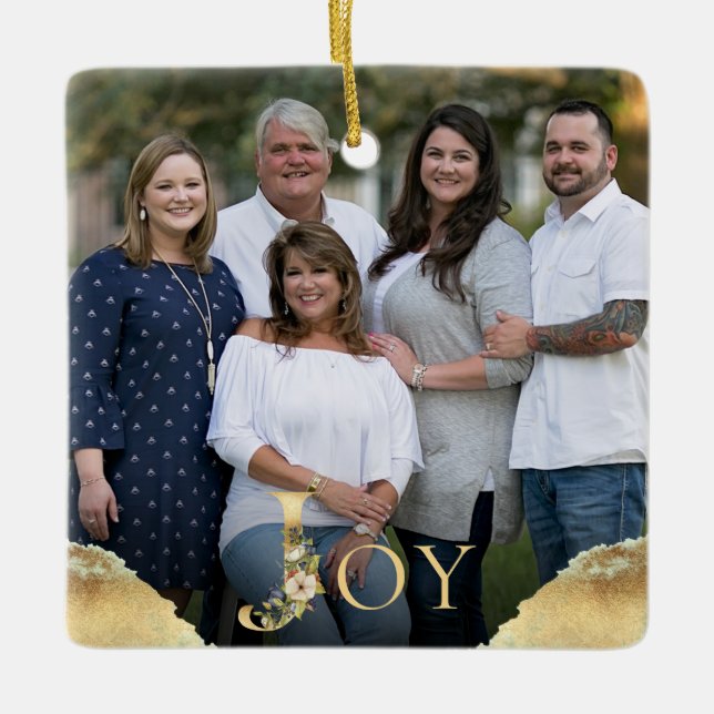 Joy Gold Foil 2 Sided Family Foto Weihnachten Keramikornament (Vorderseite)