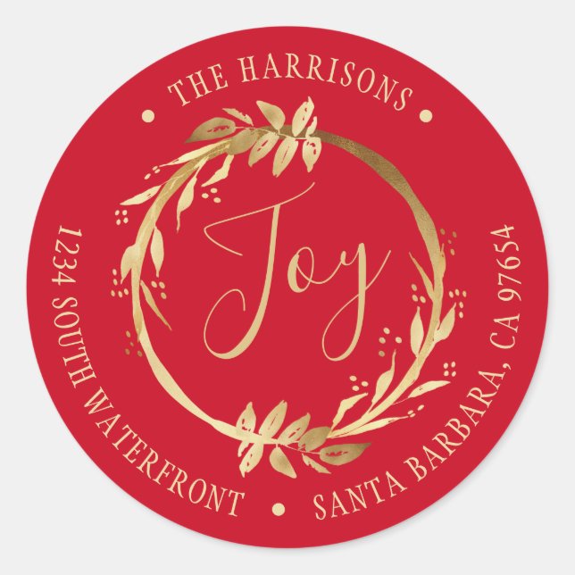Joy Gold Wreath Red Family Rücksendeadresse Runder Aufkleber (Vorderseite)
