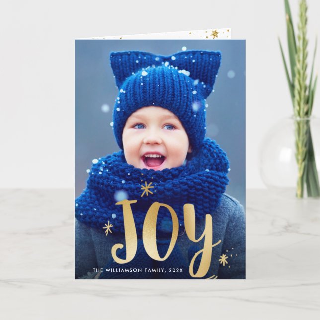 JOY | Goldene Weihnachtsfotokarte Karte (Vorderseite)