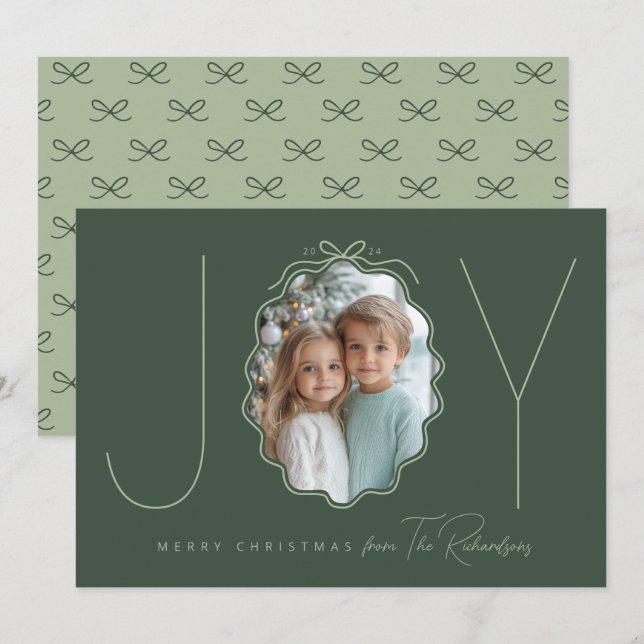 JOY Green Simple Bow Photo Christmas Carte de vaca (Devant / Derrière)