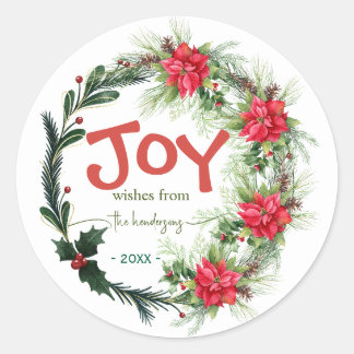 Joy Handwritten Script Name Christmas Wreath Red Runder Aufkleber