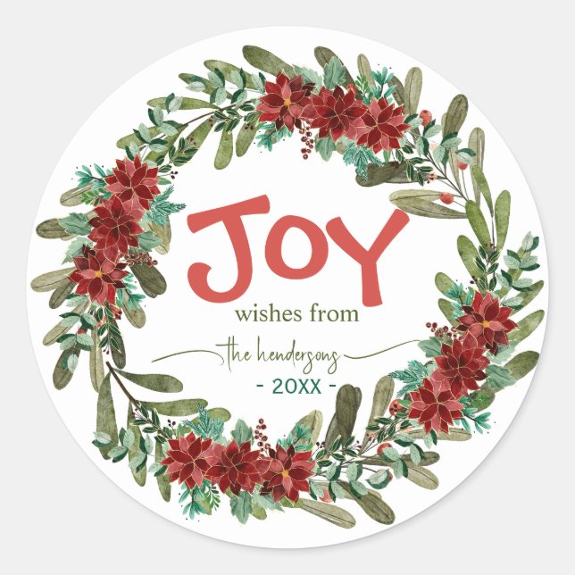 Joy Handwritten Script Name Red Christmas Wreath  Runder Aufkleber (Vorderseite)