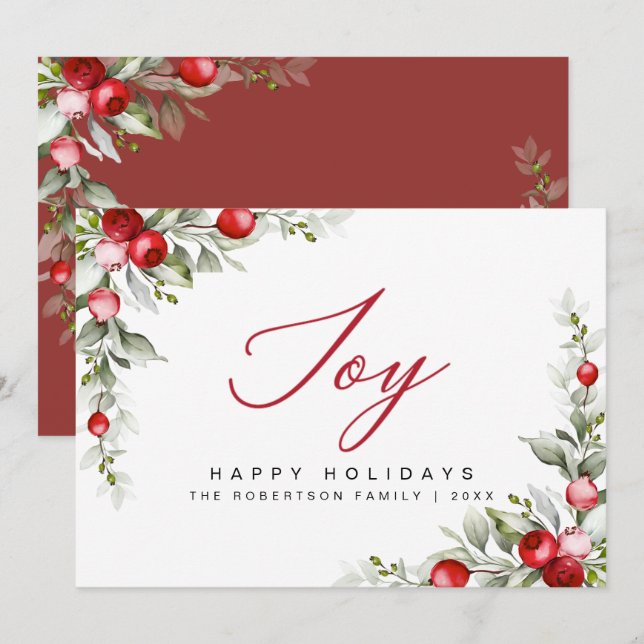 Joy Happy Holidays Botanical Berry Greeting Card (Vorne/Hinten)