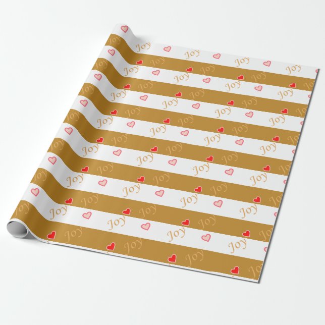 Joy Heart Pattern on Striped Golden & White Geschenkpapier (Ungerollt)
