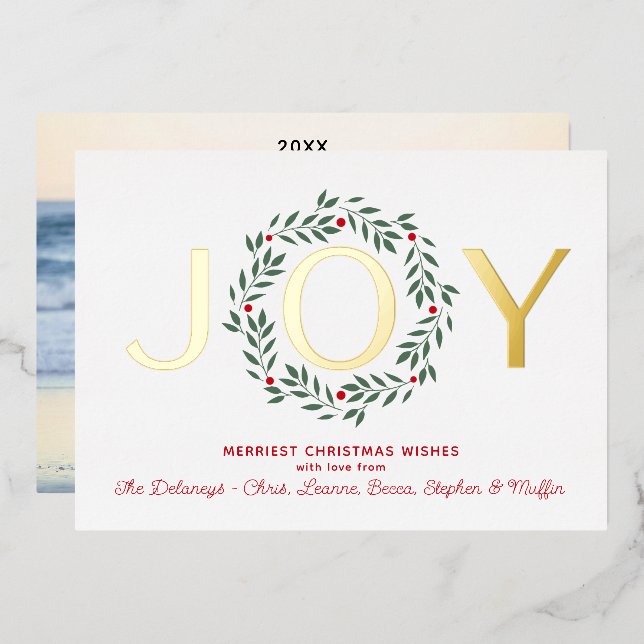 JOY Holiday Wreath | One Foto Foil Card Folieneinladung (Vorderseite/Rückseite)