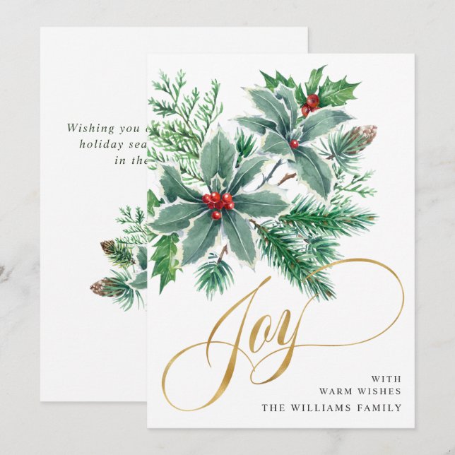 JOY Holly Berry Branch Weihnachtsgrüßen Feiertagskarte (Vorne/Hinten)