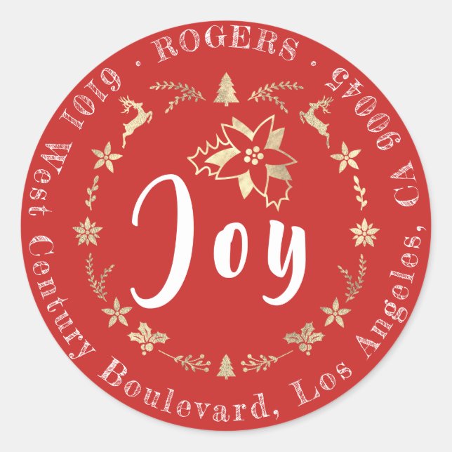 Joy Holly Holiday Rücksendeadresse Red Briefmarke  Runder Aufkleber (Vorderseite)