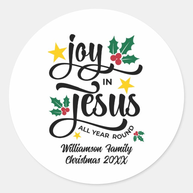 Joy in Jesus Christian Christmas Family Name  Runder Aufkleber (Vorderseite)