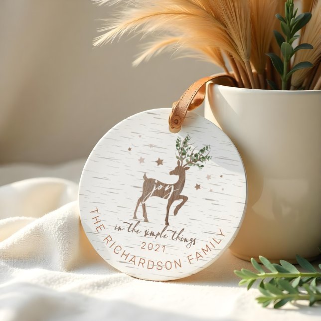 Joy in the Simple Things Birch Bark Woodgrain Hirs Keramik Ornament (Joy In the Simple Things Birch Bark Woodgrain Deer Ceramic Ornament (Front))