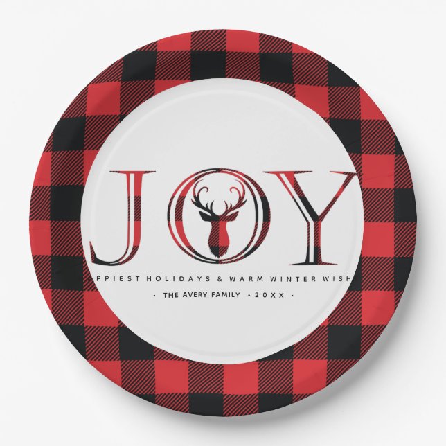 Joy Kariert Personalisierte Weihnachten Pappteller (Vorderseite)