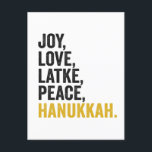 Joy Liebe Latkes Peace Hanukkah Funny Jewish Postkarte<br><div class="desc">lustig, jüdisch, latsch, geschenk, Geburtstag, chanukah, jew, urlaub, menorah</div>