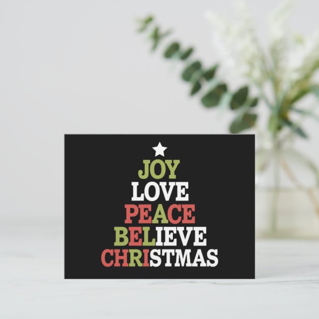 Joy Liebe Peace Glaube Weihnachtsbaumfamilie Feiertagspostkarte (Stehend Vorderseite)