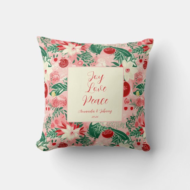 Joy Liebe Peace Pink Roter Blumenkissen Kissen (Vorderseite)