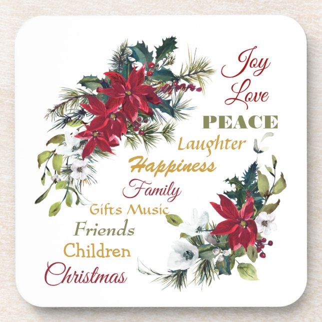 Joy Liebe Peace Poinsettia Weihnachten Getränkeuntersetzer (Vorderseite)