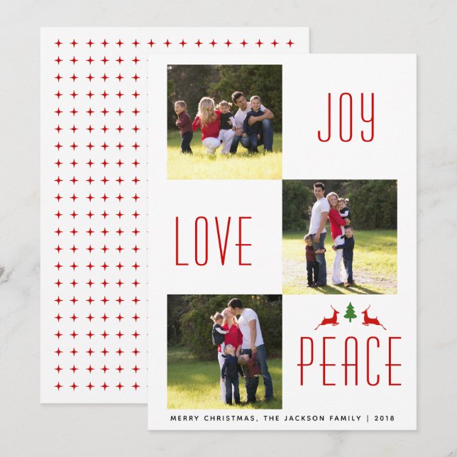 Joy Liebe Peace red, white Christmas photo card Einladung (Vorne/Hinten)