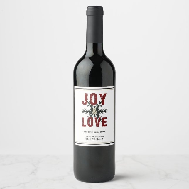 Joy & Liebe Script Red White Christmas Holiday Weinetikett (Vorderseite)
