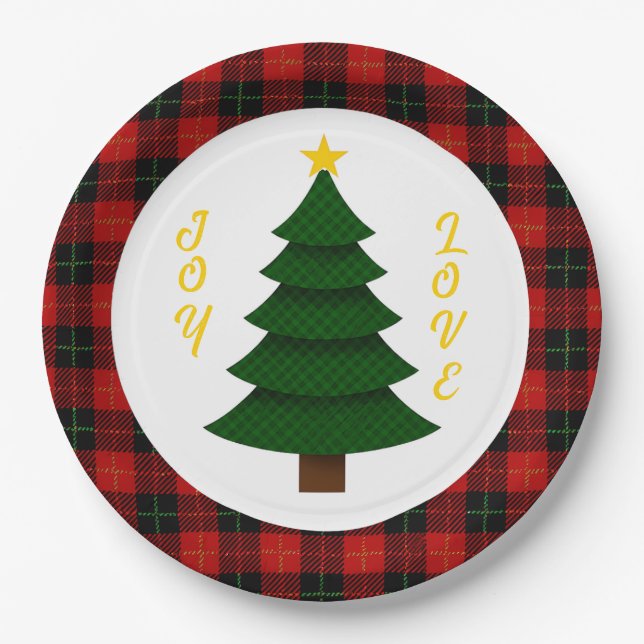 Joy-Love-Custom Plaid Christmas Tree Pappteller (Vorderseite)