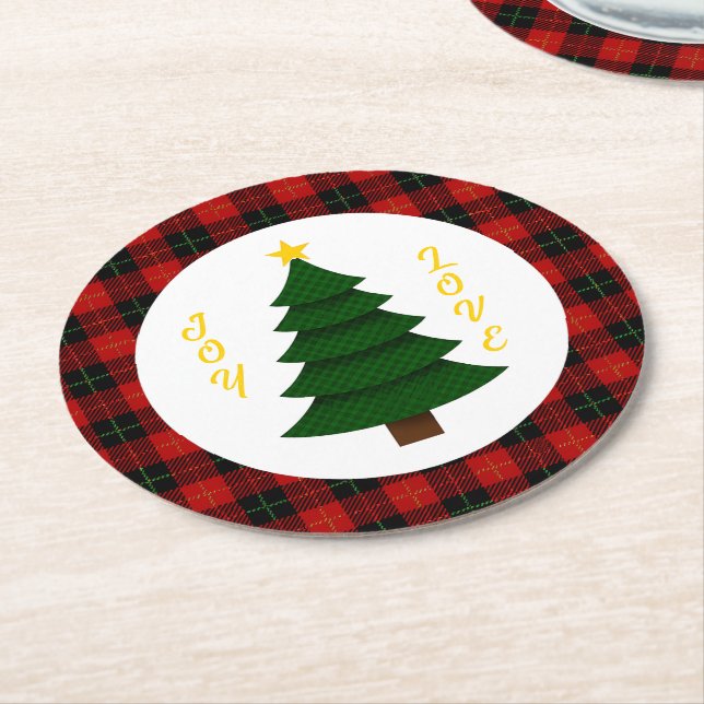 Joy-Love-Custom Plaid Christmas Tree Runder Pappuntersetzer (Angewinkelt)