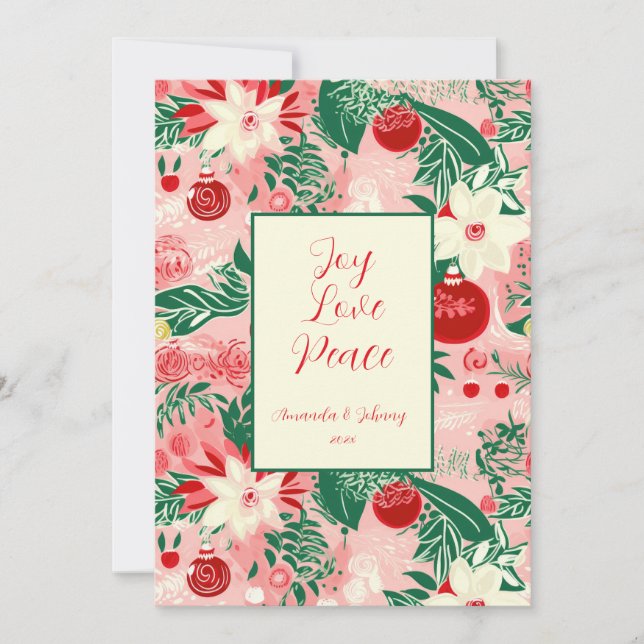 Joy Love Peace Pink Red Floral Carte de Noël (Devant)