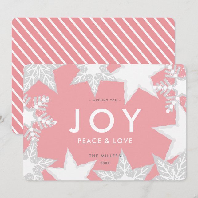 JOY Mattiert Snowflakes Pink Weihnachtskarte Einladung (Vorne/Hinten)