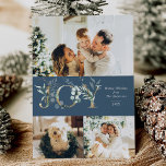 JOY Modern 3 Foto Gold Green Blue Feiertagskarte<br><div class="desc">Elegante 3-Foto-Urlaubskarte in einem gepflegten und modernen Look mit Gold- und Grüngrafiken und einem botanischen Wintergoldmuster.</div>