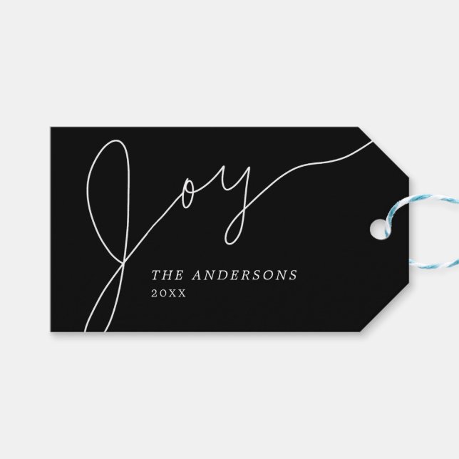 Joy Modern Black and White Hand Letter Script Geschenkanhänger (Vorderseite (Horizontal))